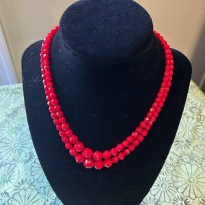 ❤️❤️ 2-Strand Red Faceted Glass Bead VTG Necklace